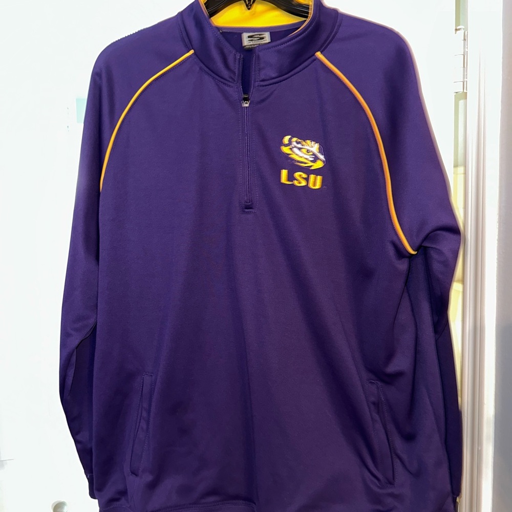 LSU Stadium Athletics Purple and Yellow Quarter-Zip Pullover. Stitched logo